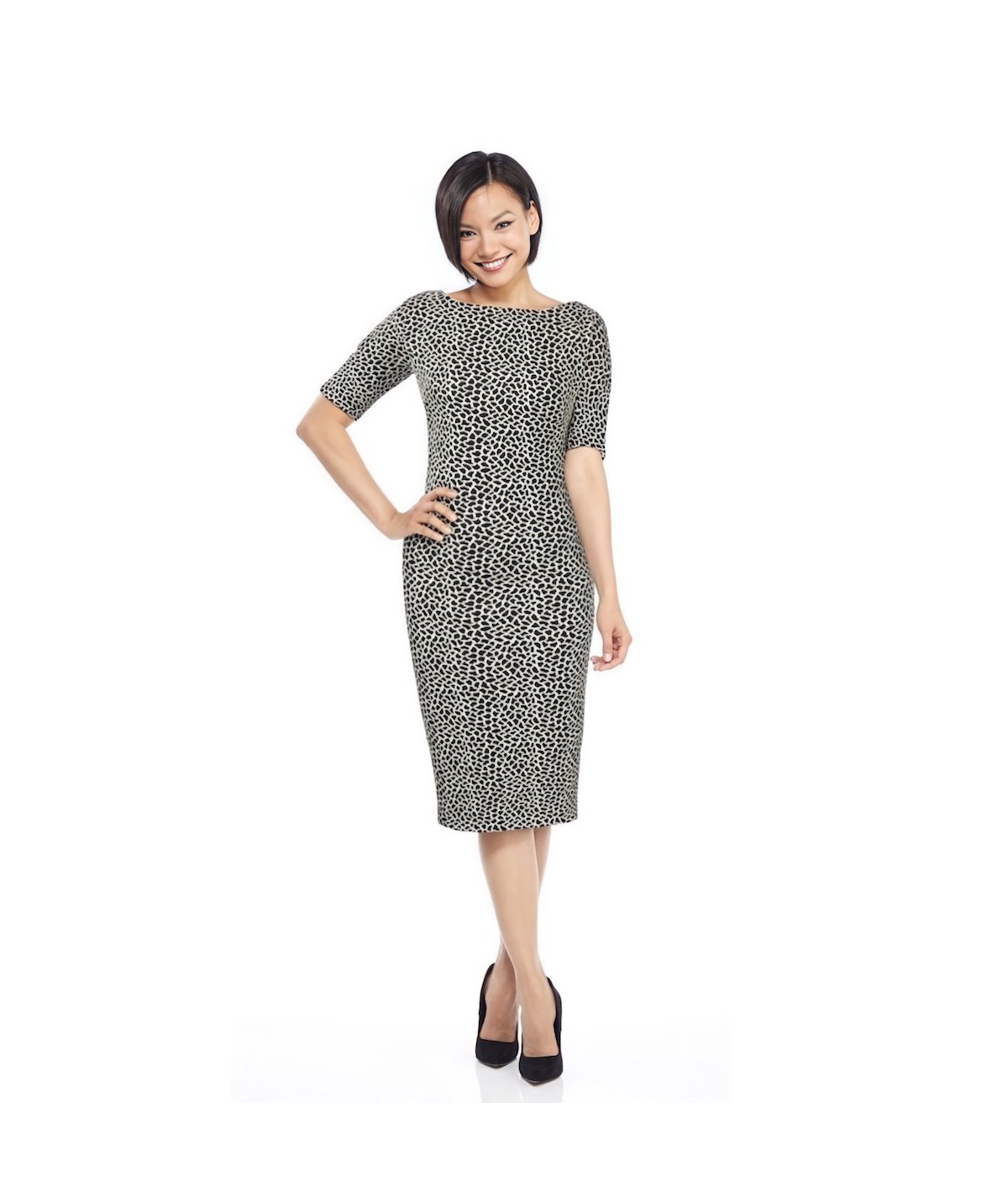 Vestido al media pierna Maggy London Talla 10 Color Blanco con negro Vestido al media pierna Maggy London Talla 10 Color Blanco con negro